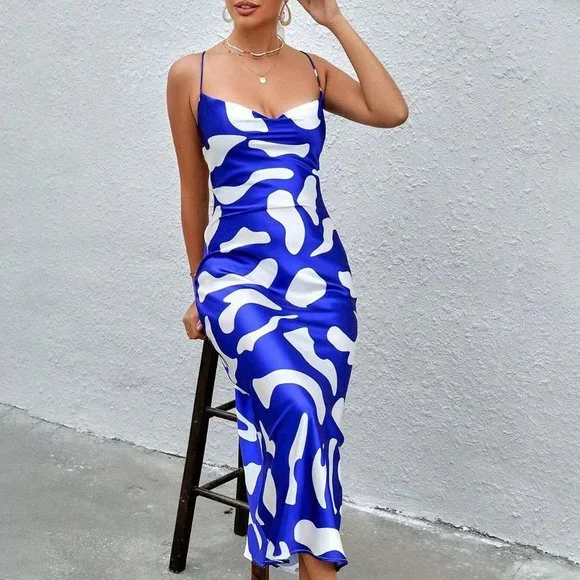 Blue & White Preppy Womens Allover Print Draped Collar Cami Dress - Picture 3 of 5